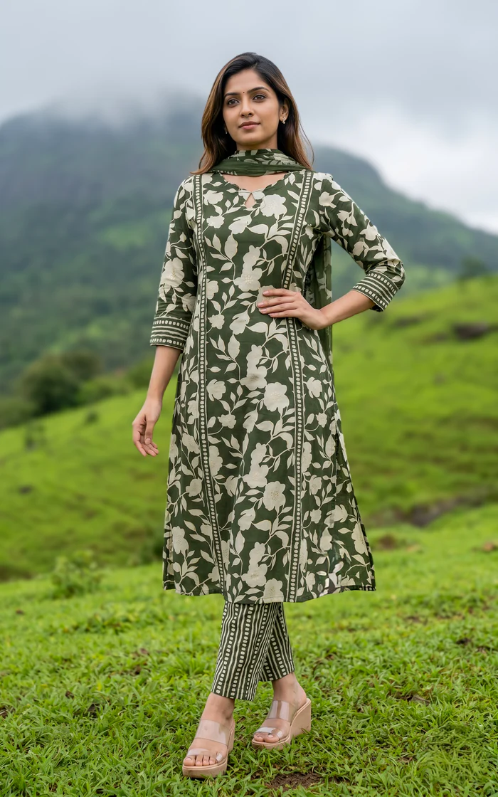 Leaf Printed Straight Kurti Set – Dark Olive Green